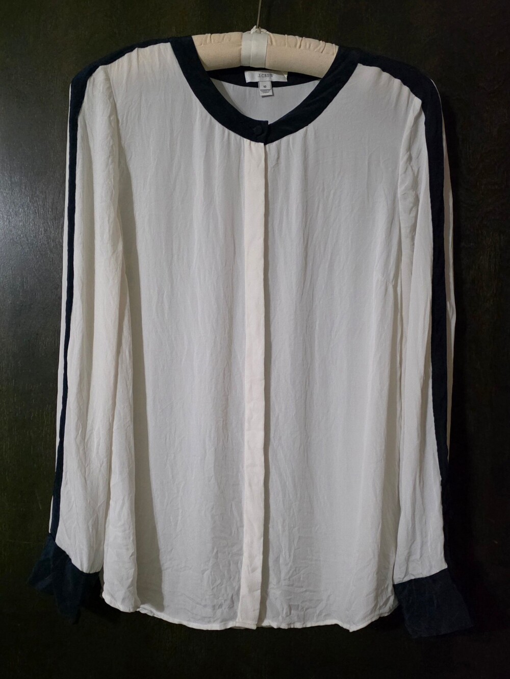 J. Crew 100% Silk Long Sleeve Button Up Blouse White Navy Trim Women's Size 10